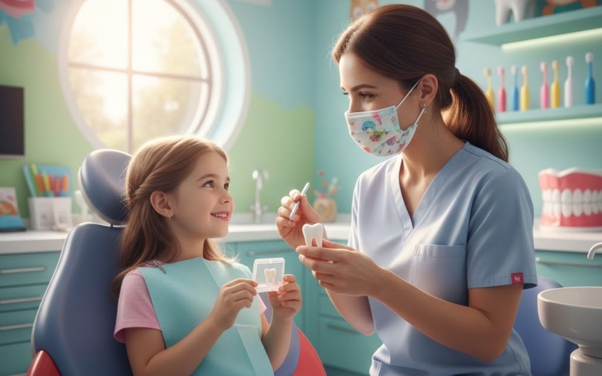 Dentista infantil junto a una niña con un diente de leche roto